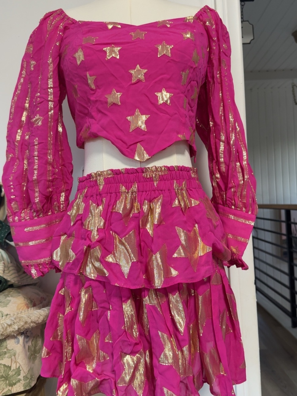 Hot Pink Tiered Mini Skirt with Gold Star Accents